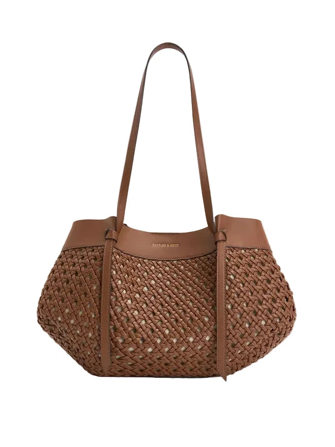 Charles & Keith brown woven tote bag with leather handles