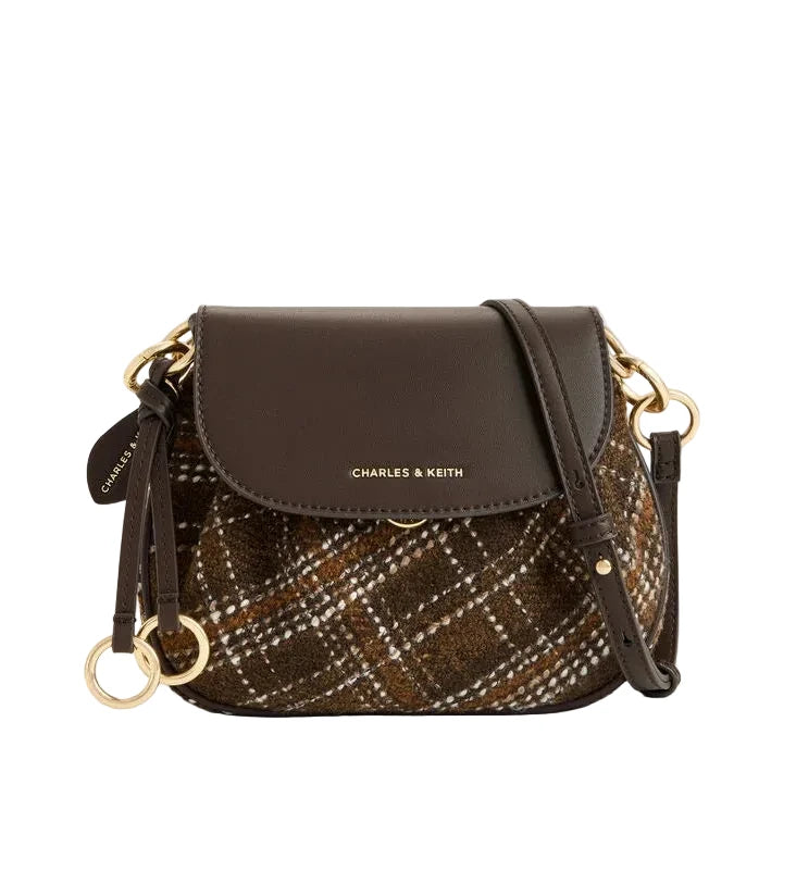 Charles & Keith brown checkered ruched saddle crossbody bag with gold hardware
