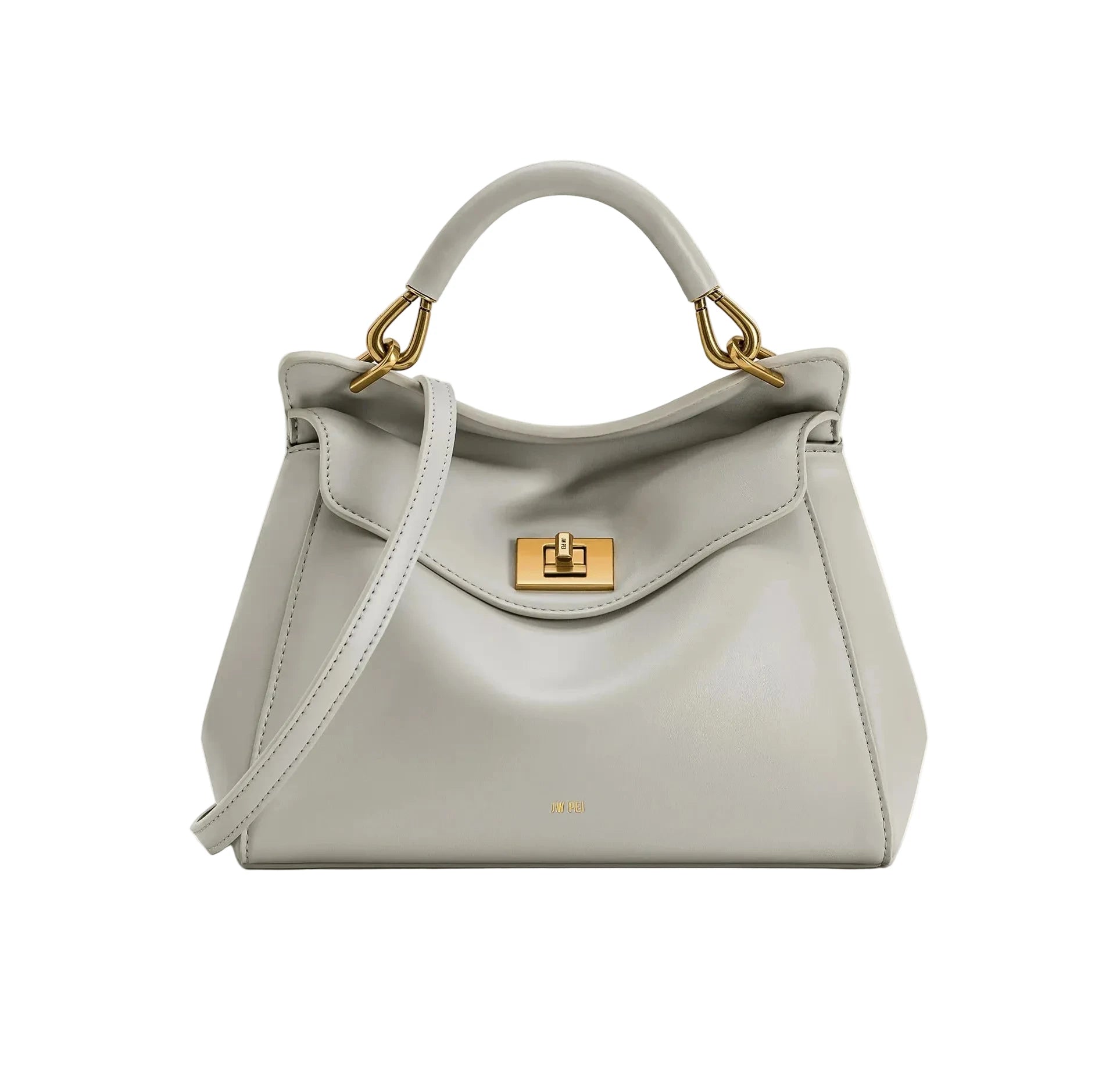 JW PEI light gray top-handle handbag with gold hardware and front flap closure