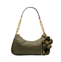 Michael Kors olive green shoulder bag with gold chain strap and flower charm