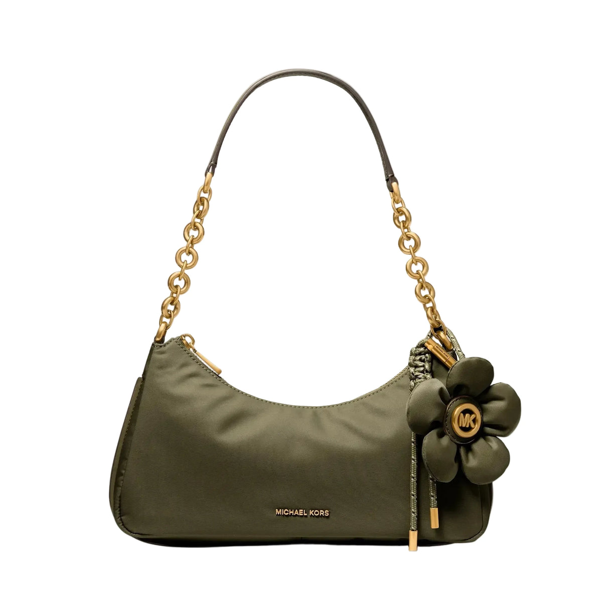 Michael Kors olive green shoulder bag with gold chain strap and flower charm