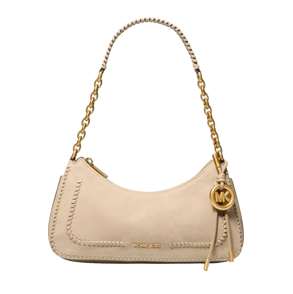 Michael Kors light beige shoulder bag with gold chain strap and MK logo charm