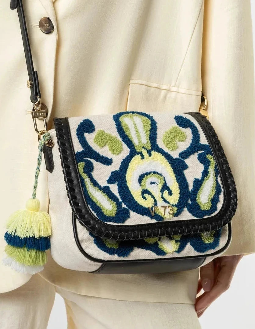 V73 women's cream embroidered shoulder bag with black leather trim and tassel